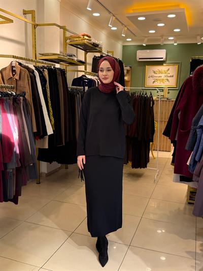 Tığ Triko Püskül Detaylı Bluz Etek Rayon Takım 21983 Siyah