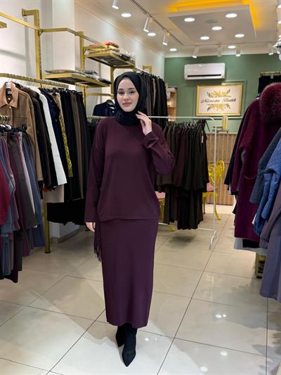 Tığ Triko Püskül Detaylı Bluz Etek Rayon Takım 21983 MÜRDÜM