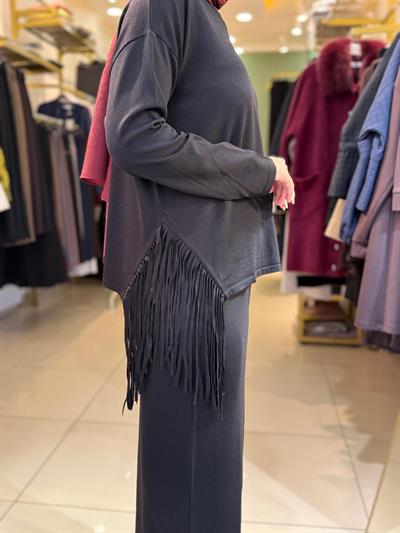 Tığ Triko Püskül Detaylı Bluz Etek Rayon Takım 21983 Siyah