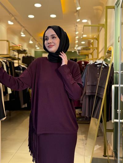 Tığ Triko Püskül Detaylı Bluz Etek Rayon Takım 21983 MÜRDÜM