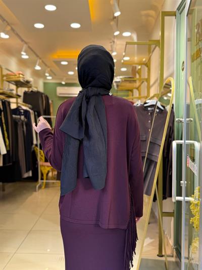 Tığ Triko Püskül Detaylı Bluz Etek Rayon Takım 21983 MÜRDÜM