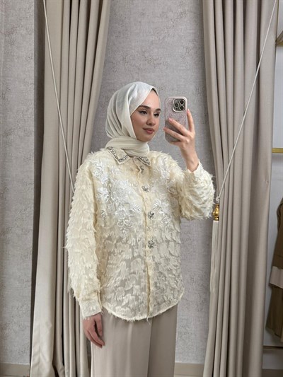 MMZ Pul İşlemeli Tasarım Gömlek bej