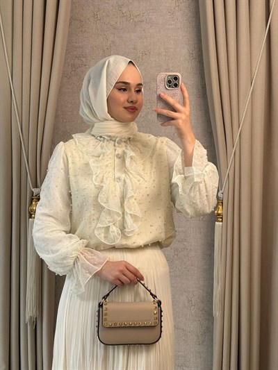 MMZ Şifon Kumaş İncili Tasarım Gömlek Ekru