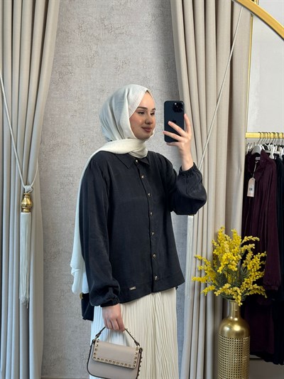 Niliwi 4020 Önü Oval Kesimli İpek Kupra Gömlek Siyah