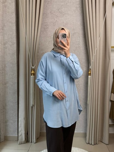 Tığ Triko 4037 Saten Yüzlü Oversize Gömlek Mavi
