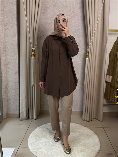 Tığ Triko 4037 Saten Yüzlü Oversize Gömlek Kahverengi