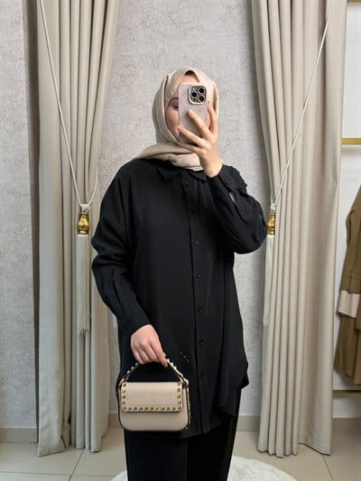 Tığ Triko 4037 Saten Yüzlü Oversize Gömlek Siyah
