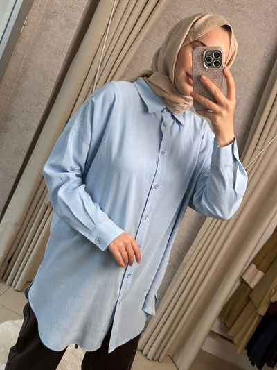 Tığ Triko 4037 Saten Yüzlü Oversize Gömlek Mavi