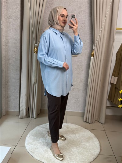 Tığ Triko 4037 Saten Yüzlü Oversize Gömlek Mavi
