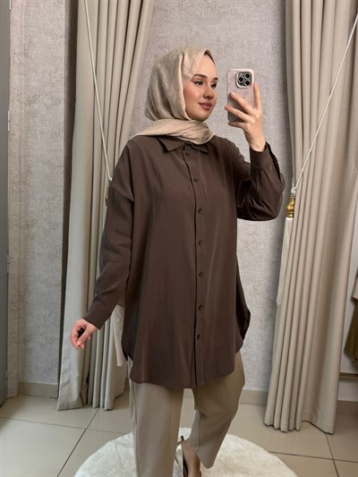Tığ Triko 4037 Saten Yüzlü Oversize Gömlek Kahverengi