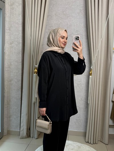 Tığ Triko 4037 Saten Yüzlü Oversize Gömlek Siyah