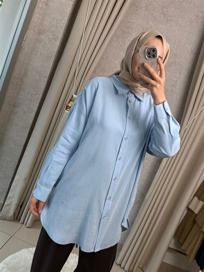 Tığ Triko 4037 Saten Yüzlü Oversize Gömlek Mavi