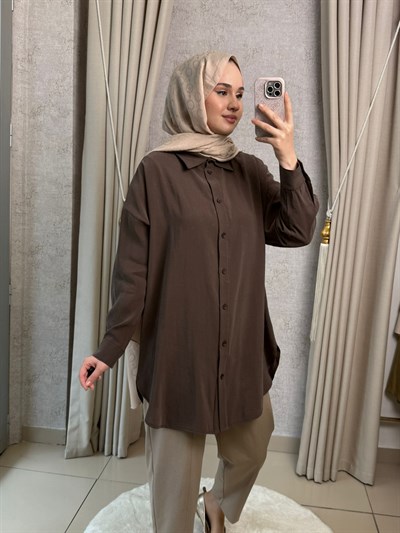 Tığ Triko 4037 Saten Yüzlü Oversize Gömlek Kahverengi