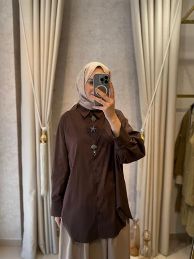Tığ Triko 4061 Oversize Kesim Aksesuarlı Gömlek Kahverengi