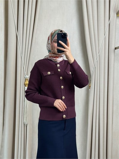 Nuss 601 Gold Düğme Detaylı Merserize Hırka Bordo