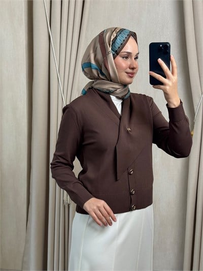 Nuss 604 Çıkarılabilir Şal Aksesuarlı Merserize Hırka Kahverengi
