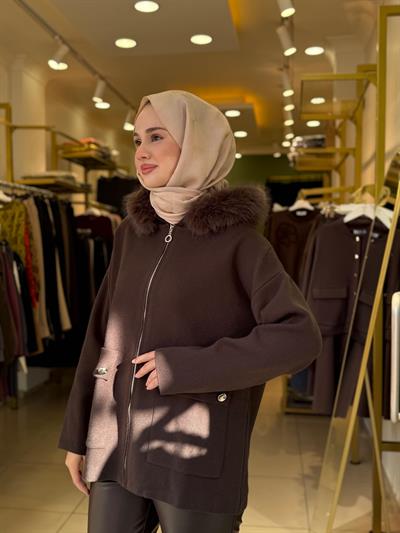 Tığ Triko Yakası Kürklü Triko Hırka 21705 Kahverengi