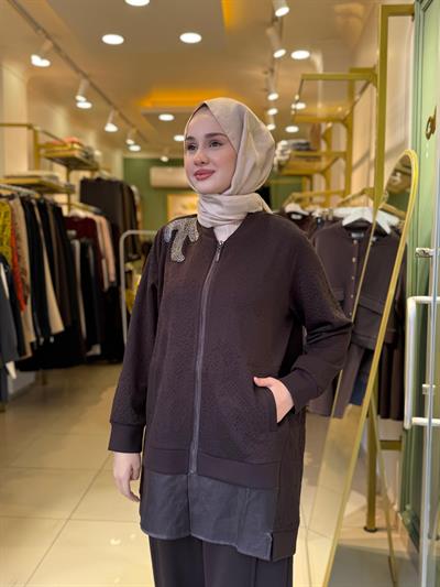 Lissmore 5934 Yaka İşlemeli Pantolonlu Takım Kahverengi