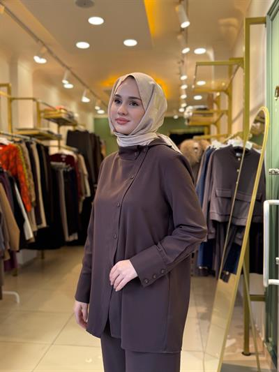Miori Auren Pantolonlu Krep Takım Kahverengi
