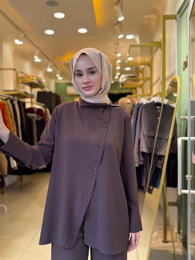 Miori Auren Pantolonlu Krep Takım Kahverengi