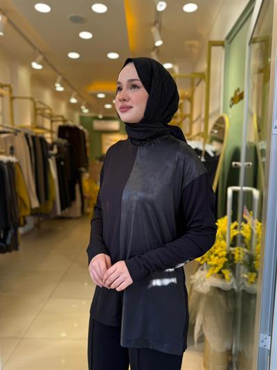 Tığ Triko Laklı Deri Kombinli Takım 21572 Siyah