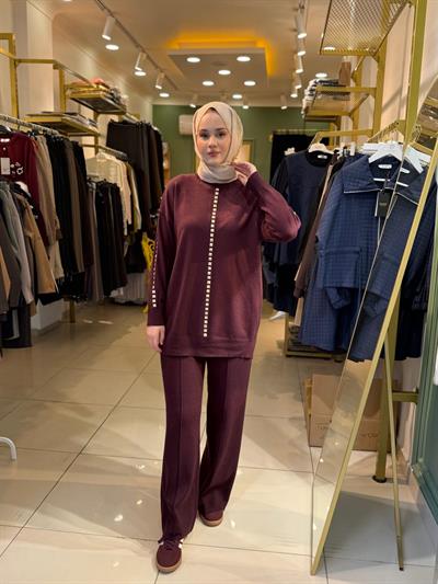 Tığ Triko Şerit Taş İşlemeli Tunik Pantolon Takım 22005 Bordo