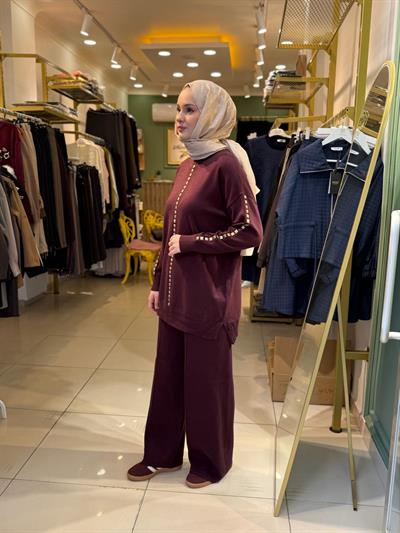 Tığ Triko Şerit Taş İşlemeli Tunik Pantolon Takım 22005 Bordo