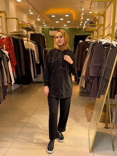 Tığ Triko Spor Dikişli Pantolonlu Takım 5039 Siyah
