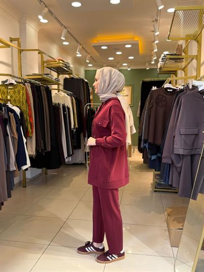 Tığ Triko Spor Dikişli Pantolonlu Takım 5039 Bordo