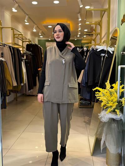 Tığ Triko Tek Düğmeli Yelek Pantolon Takım 5033 Yeşil