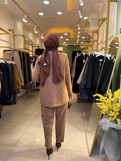 Tığ Triko Triko Yakalı SÜet Pantolonlu Takım 5036 Camel