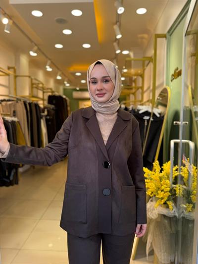 Tığ Triko Triko Yakalı SÜet Pantolonlu Takım 5036 Kahverengi