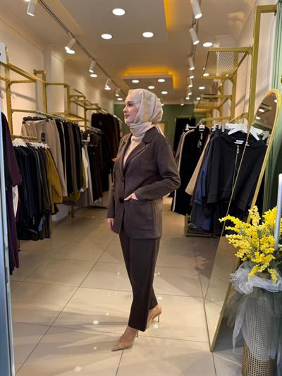 Tığ Triko Triko Yakalı SÜet Pantolonlu Takım 5036 Kahverengi
