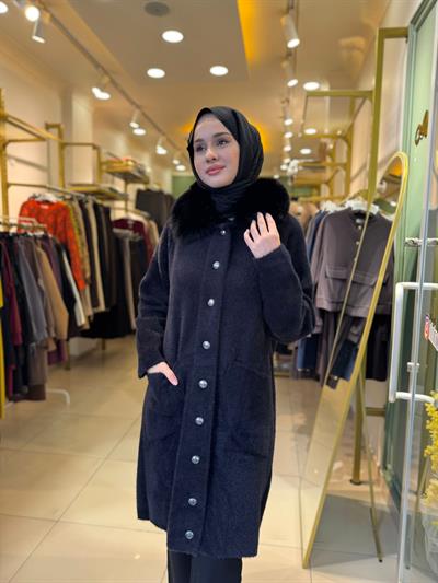 Nuss 7011 Yakası Kürklü Angora Kaban Siyah