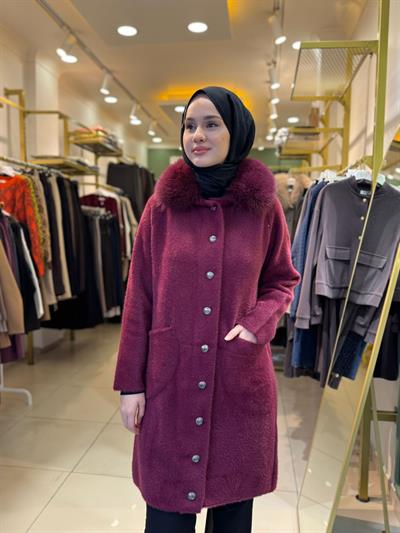 Nuss 7011 Yakası Kürklü Angora Kaban Bordo