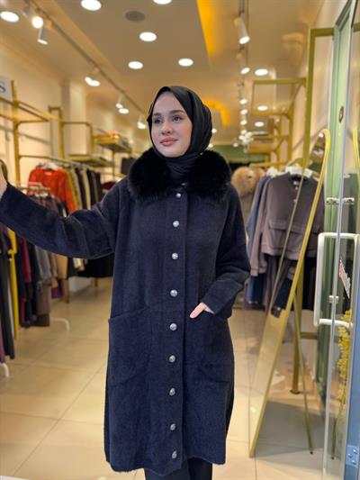 Nuss 7011 Yakası Kürklü Angora Kaban Siyah