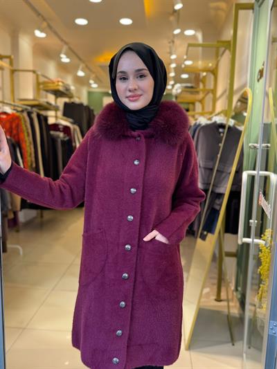 Nuss 7011 Yakası Kürklü Angora Kaban Bordo