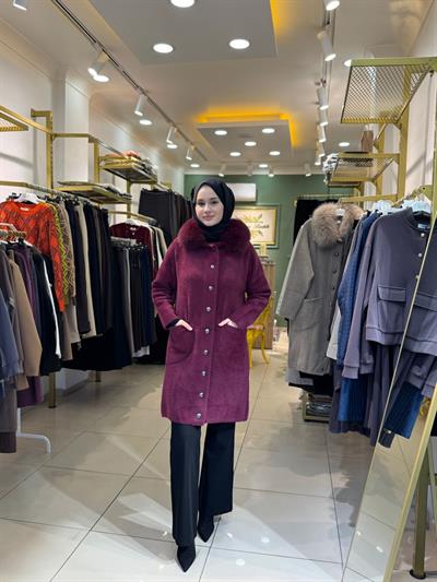 Nuss 7011 Yakası Kürklü Angora Kaban Bordo