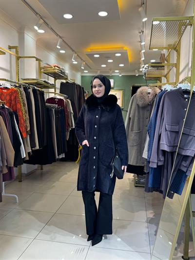 Nuss 7011 Yakası Kürklü Angora Kaban Siyah