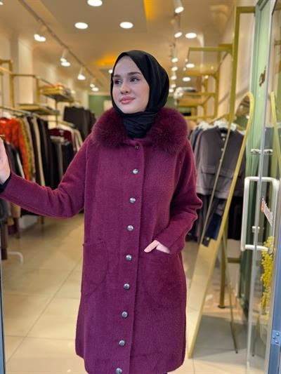 Nuss 7011 Yakası Kürklü Angora Kaban Bordo