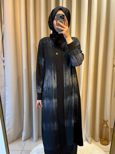 Behrem 25147 Taş Baskılı Büyük Beden Tesettür Kap Siyah