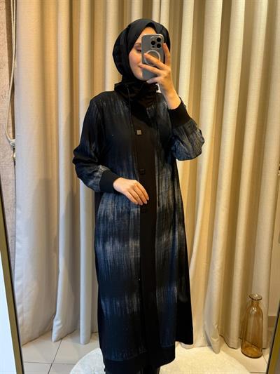 Behrem 25147 Taş Baskılı Büyük Beden Tesettür Kap Siyah