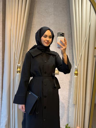 Nuss 6032 Gemici Yaka Kemer Detaylı Kap Siyah