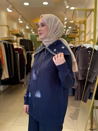 Tığ Triko Denizci Yaka Fermuarlı Dikme Taşlı Hırka 21841 Lacivert
