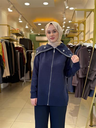 Tığ Triko Denizci Yaka Fermuarlı Dikme Taşlı Hırka 21841 Lacivert