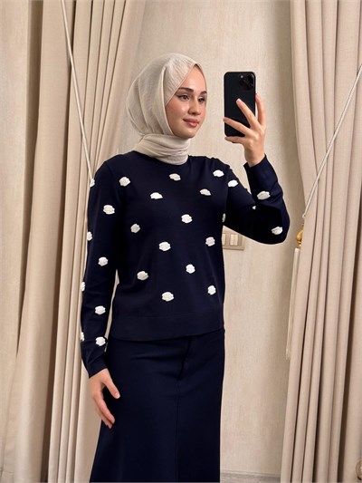 Ghisa 4474 Nakış Bulut İşlemeli  Merserize Bluz Lacivert