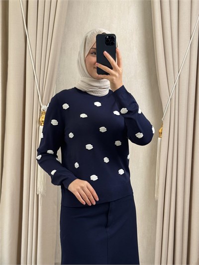 Ghisa 4474 Nakış Bulut İşlemeli  Merserize Bluz Lacivert