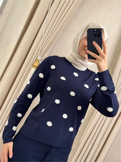 Ghisa 4474 Nakış Bulut İşlemeli  Merserize Bluz Lacivert