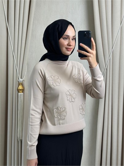 NUSS 204 Çiçekleri Boncuk İşlemeli Merserize Kazak Bej