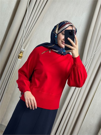 Nuss 205 Fermuar Detaylı Merserize Kazak Kırmızı